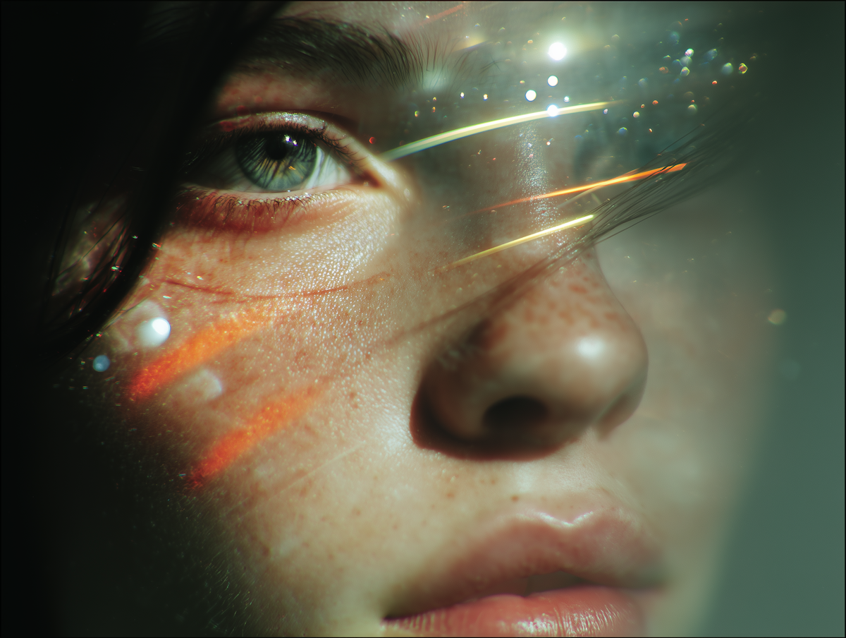 Light splitting across her cheek, mid-thought.
