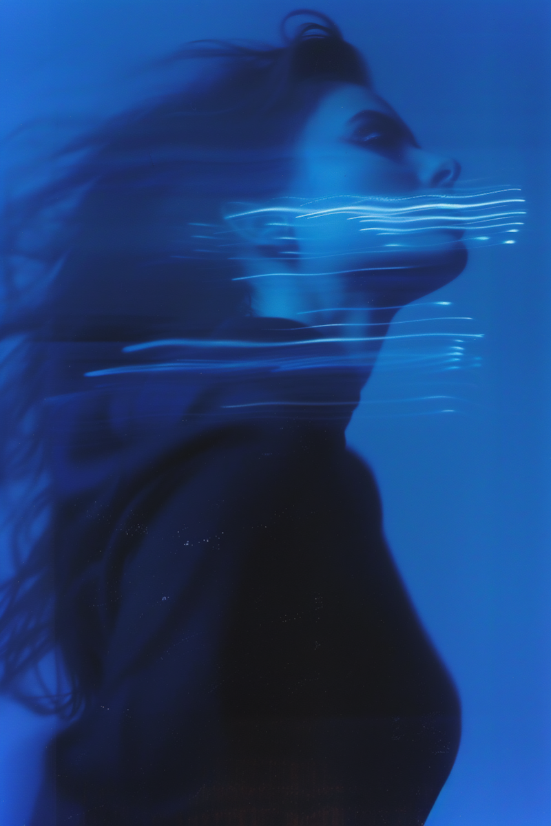 A profile dissolving into blue motion.