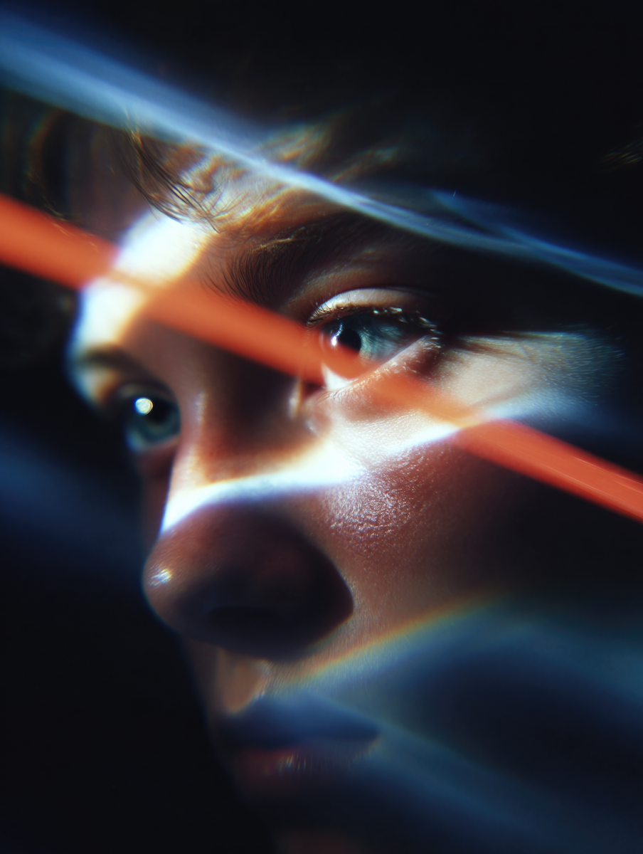 A single beam, broken into colour, across the eyes.