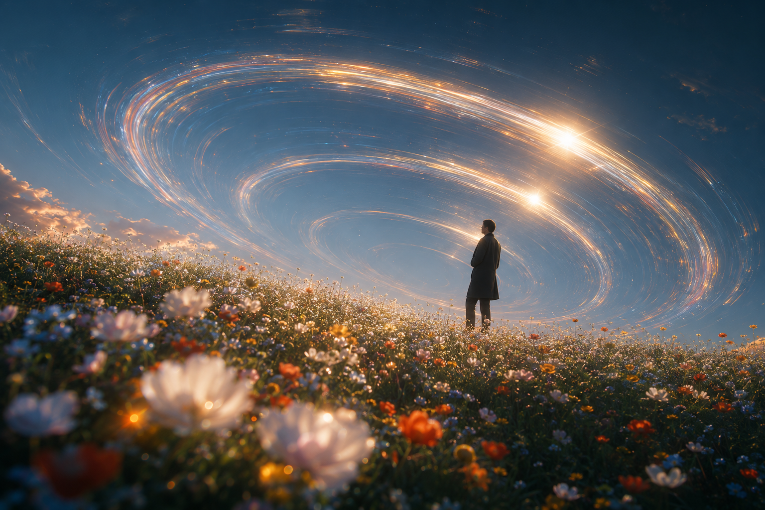 A whole sky turning over a field, on one very long frame.